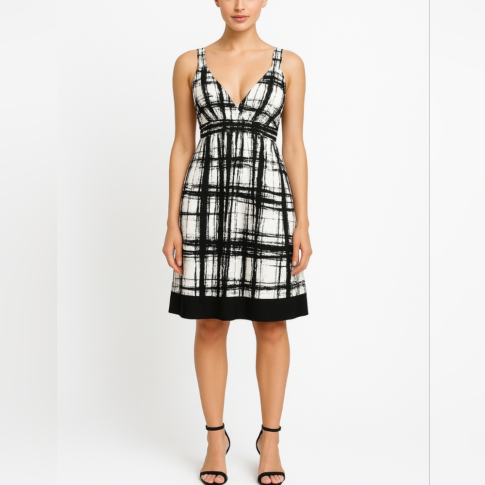 XXI Sz M Geo Print Black White Deep V Neck Plunge Smock Dress Stretch Summer Pad